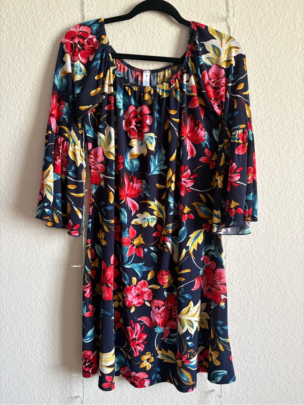 Women's Navy Floral Off-Shoulder Dress - Red & Yellow Bloom